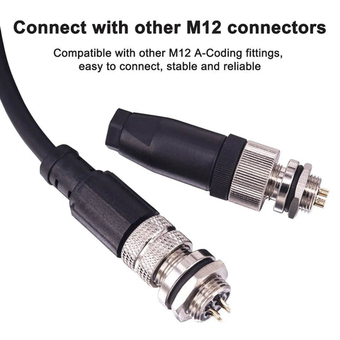 M12 4 Pin A Coded Female Straight IP67 Waterproof Rear Bulkhead Panel Receptacles and Cable Connector, 12mm, Field Assembly