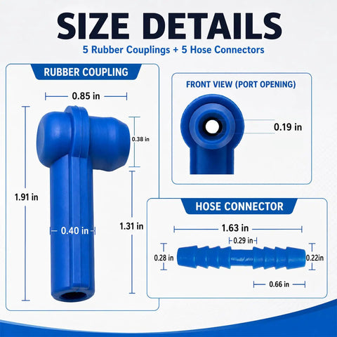 Sleek 5 Piece Brake Bleeder Connector Kit With Hose Adapter And Coupler Fittings For Cars Trucks SUVs To Make Fluid Changes Fast And Mess Free Blue size details, blue plastic rubber couplings and hose connector