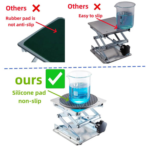 Heavy Duty 6X6 Inch Lab Scissor Jack Stand Adjustable Height 65-260mm Stainless Steel Platform with non-slip silicone pad.