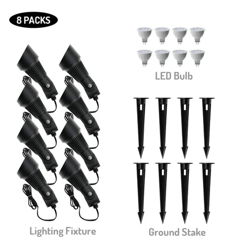 Low Voltage LED Landscape Lights Kit Eight Pack For Driveway Yard Lawn And Patio Warm White 12V AC DC Waterproof Spotlight Set components