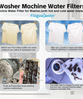 Comparison of laundry results with and without a brass inline sediment filter showing removal of rust and sediment from water.