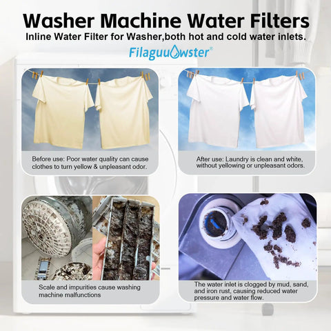 Comparison of clothes before and after using Washer Inline Water Filter With One Micron Carbon And PP Media For Cleaner Clothes Skin And Hair, 99.5 Percent Chlorine Odor Removal, Anti Scale, Fits Washing Machines, Six Point Seven Inch Inline Filter With Three Quarter Inch GHT Adapters