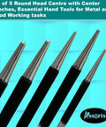 Set Of Five Round Head Center Punches For Metal And Woodworking Top Shelf Hand Tools Dead On Precise Marking Built Tough Hardened Steel Layout Gear For Serious Shop Jobs, five punches with black textured handles.