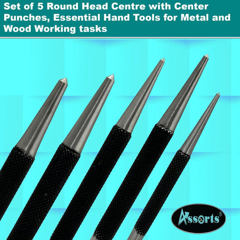 Set Of Five Round Head Center Punches For Metal And Woodworking Top Shelf Hand Tools Dead On Precise Marking Built Tough Hardened Steel Layout Gear For Serious Shop Jobs, five punches with black textured handles.