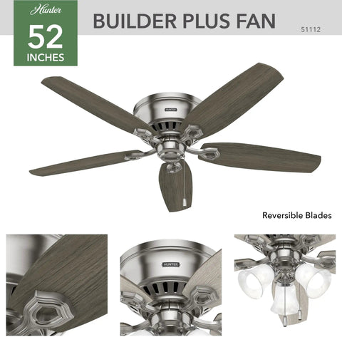52 Inch Indoor Ceiling Fan With LED Lights, Pull Chain, Low Profile Flush Mount, 5 Blade Brushed Nickel Finish for home