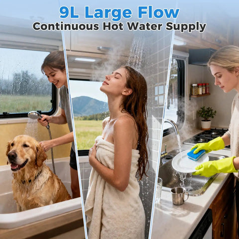 Compact propane tankless water heater for RVs showing diverse uses: dog washing, personal shower, and dishwashing.