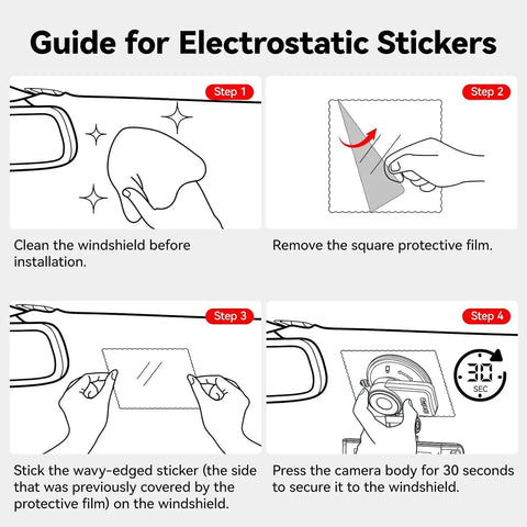 Illustrated guide for electrostatic stickers with step-by-step instructions for Suction Mount For F7N Series Dash Cam With Built In GPS Module.