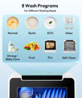 Portable Countertop Dishwasher Unit With Eight Quick Wash Cycles And Whisper Quiet Operation displays wash program icons and settings.