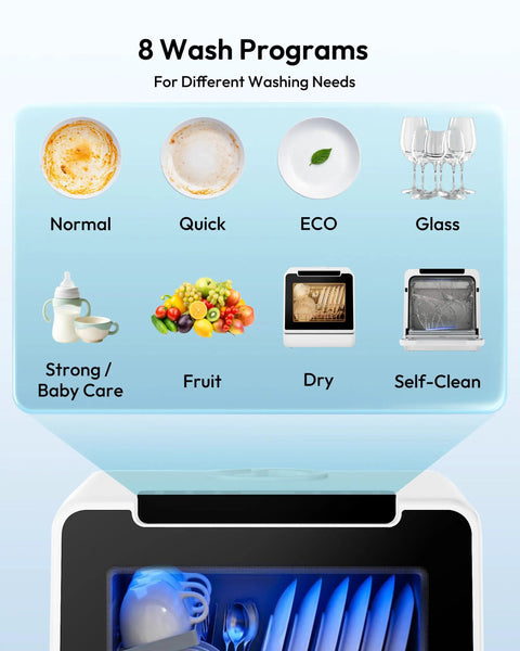 Portable Countertop Dishwasher Unit With Eight Quick Wash Cycles And Whisper Quiet Operation displays wash program icons and settings.