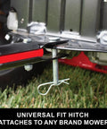 Close-up of 85 Lb Tow Behind Broadcast Spreader's universal hitch attached, showing heavy duty frame for easy mower connection.