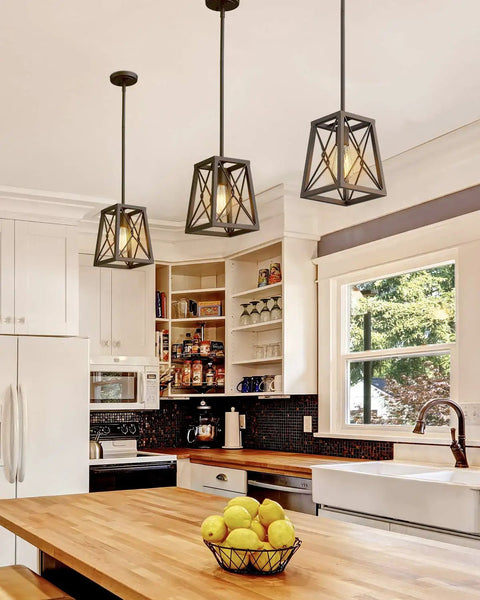 Farmhouse Pendant Light With Industrial Metal Wire Cage In Oil Rubbed Bronze, 1 Light Hanging Lantern in modern kitchen scene