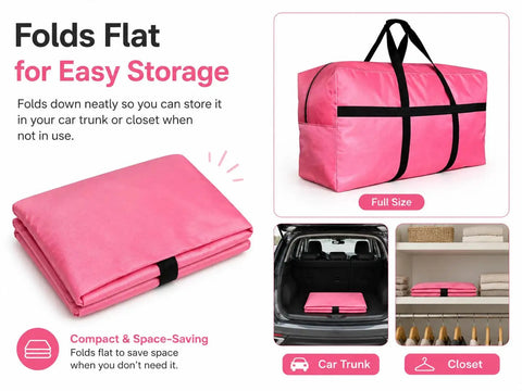 Extra Large Foldable Duffle Bag For Travel And Moving, 100L XXL Gear Tote, Pink, shown folded for storage in trunk and closet.