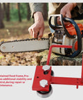 Heavy Duty Chainsaw Bar Rail Closer Tool for Precise Rail Alignment and Chain Grinding in use with chainsaw, red accessory.
