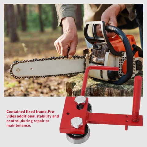 Heavy Duty Chainsaw Bar Rail Closer Tool for Precise Rail Alignment and Chain Grinding in use with chainsaw, red accessory.