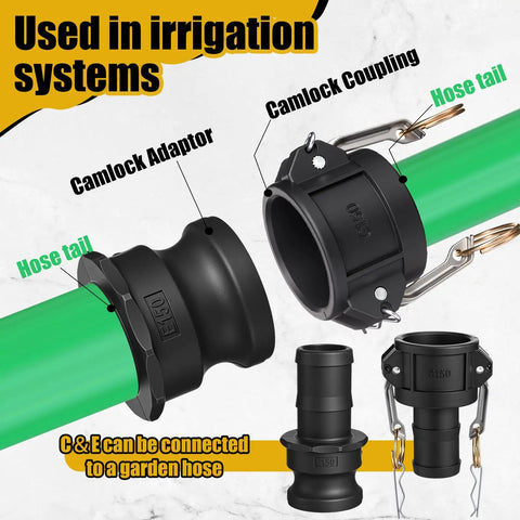Used in irrigation systems, Six Piece Cam Lock Fittings Kit For Fast Grab-And-Go Connections On Hoses And Pipes, 1.5 Inch