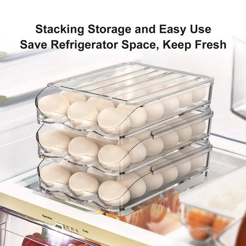 3 stacked Auto Rolling Egg Holder For Refrigerator Two-Layer 36 Egg Capacity with eggs in fridge, clear plastic material.