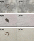 "Before and after repair using All In One Tile, Granite And Countertop Repair Kit For Chips, Dents, Cracks And Scratches On Marble Porcelain Stone And Quartz Surfaces; Fix Chipped Edges, Corners And Reattach Missing Pieces on stone surfaces."
