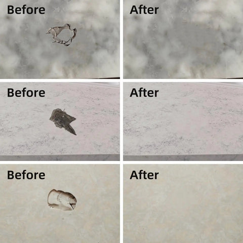 "Before and after repair using All In One Tile, Granite And Countertop Repair Kit For Chips, Dents, Cracks And Scratches On Marble Porcelain Stone And Quartz Surfaces; Fix Chipped Edges, Corners And Reattach Missing Pieces on stone surfaces."