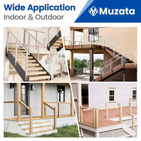 Hidden Cable Railing Kit For Four By Four Posts With Ten Pairs Of Tensioners And Terminals One Eighth Inch Stainless Steel Cable Twenty Pack For Two By Two And Four By Four Wood Or Metal Posts T316 Stainless Deck Railing Hardware installed on various decks and stairs