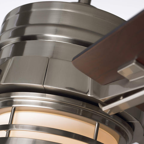 Close-up of the brushed steel fixture on Dope 54 Inch Indoor Ceiling Fan with dimmable LED lighting and wood blades.