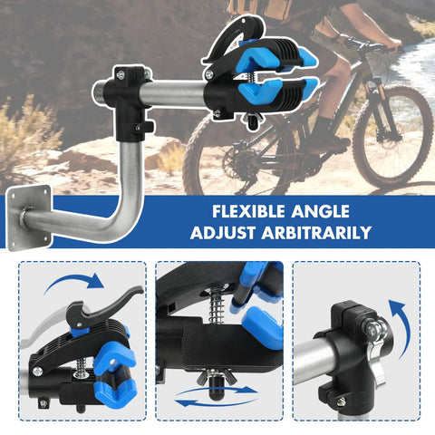 Wall Mount Bike Repair Stand for Road and Mountain Bikes, beefy adjustable clamp, folding arm, easy install on wall in outdoor setting.