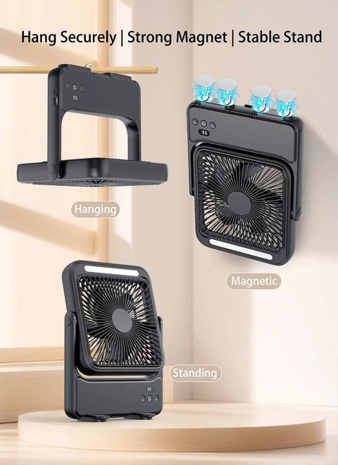 Ultra Slim 20000mAh Magnetic Cruise Approved Fan With Night Light displayed in hanging, magnetic, and standing positions