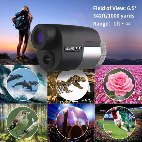 Dope Pocket 8x25 Monocular For Adults And Kids with images of outdoor activities and sports events in background.