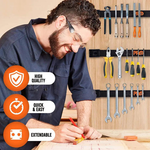 Man working with tools mounted on a 12 Inch Magnetic Tool Holder Strip For Garage And Workshop Organization, Heavy Duty Carbon Steel Magnetic Bar That Grabs Up To 10 Lbs