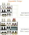 Expandable 3 Tier White Shoe Rack Organizer For Closet And Hallway, Adjustable Length From 16.9 To 28.3 Inches, Stackable Iron And Wood Shelves, Holds 8 To 16 Pairs