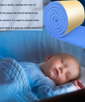 Heavy-Duty Self-Adhesive Acoustic Panels For Home Studio And Gym Wall Sound Proof Padding With Built Different Quick-Recovery Noise Canceling Foam on a blue mattress next to a sleeping baby.