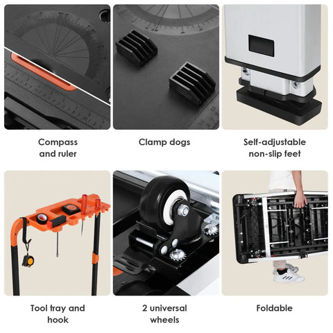 All In One Portable Workstation With Power Outlet And Adjustable 20.5 To 31.5 Inch Folding Workbench Table details, including tools.