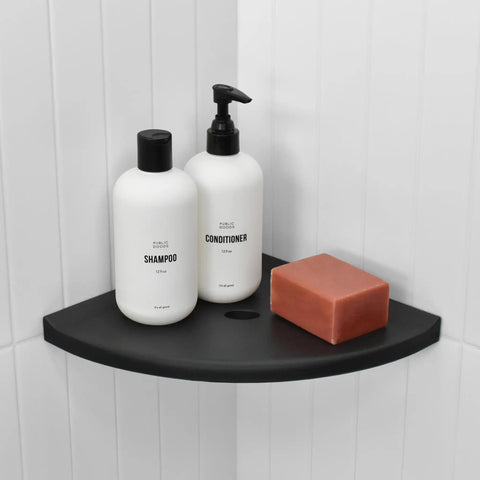 10 Inch Corner Shower Shelf With Lugged Mount For Quick Install In New Construction Built For Tiled Walls Shower Organizer Corner Caddy Soap Dish Bathroom Storage In Graphite Black with shampoo, conditioner, soap on it