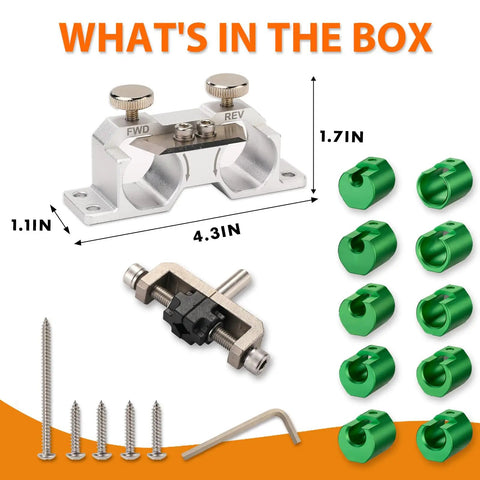 Pro Grade Double Cutting Dowel Maker Jig Kit with carbide inserts, screws, and dowel plate, viewed with measurements