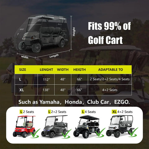 Built Tough Heavy Duty 600D Golf Cart Cover For 2 Plus 2 Seats Universal Fit Waterproof With Reflective Strips And Triple Windproof Buckles For EZGO Club Car Yamaha Carts size chart and fit guide