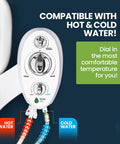 Close-up of warm and cold bidet attachment with dual nozzle, ceramic valves, and easy DIY install instructions on temperature dial.