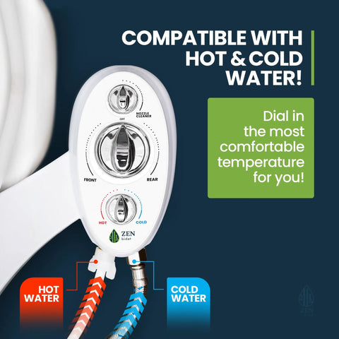 Close-up of warm and cold bidet attachment with dual nozzle, ceramic valves, and easy DIY install instructions on temperature dial.