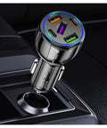 Upgraded Five Port Seventy Five Watt Car Charger Adapter With Ultra Fast Type C Plus Quick Charge Cigarette Lighter Plug For Phones Tablets Dashcams And Coolers Led Night Glow Works In Every Whip Dope Black Design in vehicle socket.