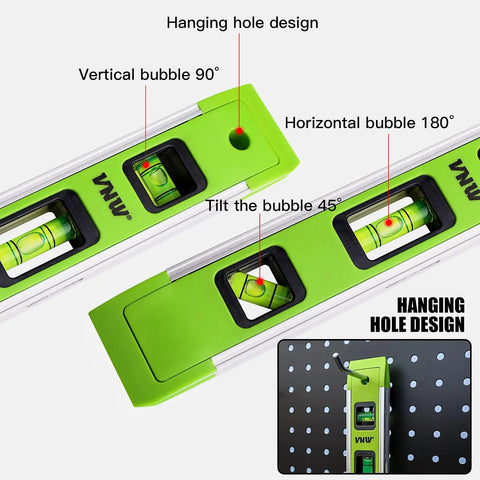 Heavy Duty Nine Inch Torpedo Level With Mighty Magnet Strip And Triple Clear Vials Delivering Spot On 45 90 180 Degree Reads showing vertical and horizontal bubbles.