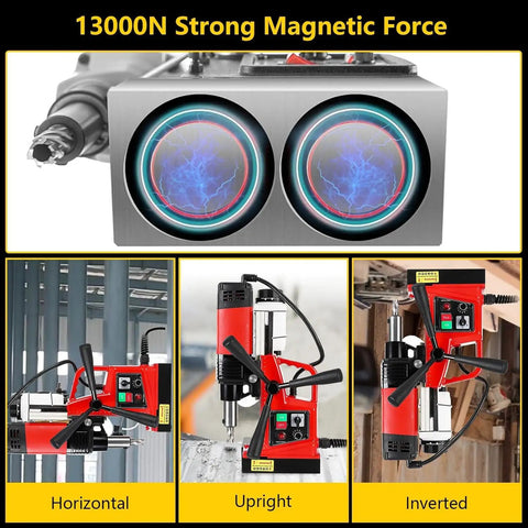 Heavy Duty Magnetic Drill Press 110V With Power Cord showing magnetic force, used in horizontal, upright, and inverted positions.