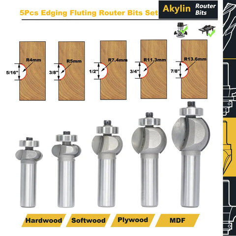 5 Piece Edging Fluting Router Bit Set With 1/2 Inch Shank, Concave Sunk Bead Radii R4mm R5mm R11.3mm R13.6mm, various wood profiles
