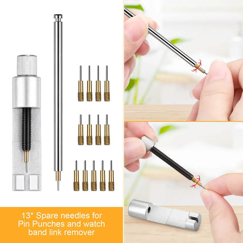 Watch Link Removal Tool Kit For Band Adjustment And Replacement with spare needles and pin punch, shown in use.