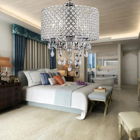 Chrome Finish 4 Light Round Drum Crystal Chandelier With Adjustable Cable Up To 80cm in bedroom setting