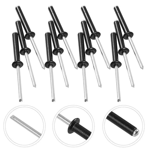 Close-up of 50 Pack Black Aluminum Pop Rivets M4x25 Flange Blind Rivets Kit For Metal Fastening And Hardware Applications