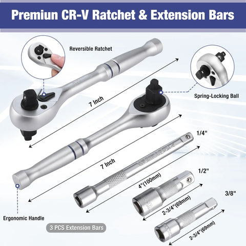 22 Piece Socket Set With Three In One Ratchet Handle Pro Grade One Quarter Inch Drive Sockets Three Eighth Inch Drive Sockets And One Half Inch Drive Sockets CR V Metric Sockets showing ergonomic ratchet and extension bars