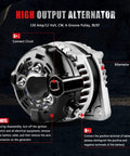 130 Amp 12V Alternator For Honda Accord 3.5L 2008 2009 2010 2011 2012 And Honda Accord Crosstour 2010 Replacement Part Beefed Up High Output For Reliable Charging, side view showing pulley and connections.
