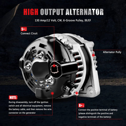 130 Amp 12V Alternator For Honda Accord 3.5L 2008 2009 2010 2011 2012 And Honda Accord Crosstour 2010 Replacement Part Beefed Up High Output For Reliable Charging, side view showing pulley and connections.