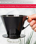Hand holding black Pour Over Coffee Dripper Size 4 Cone For Manual Brewing Reusable Plastic Filter Cone Up To Four Cups.