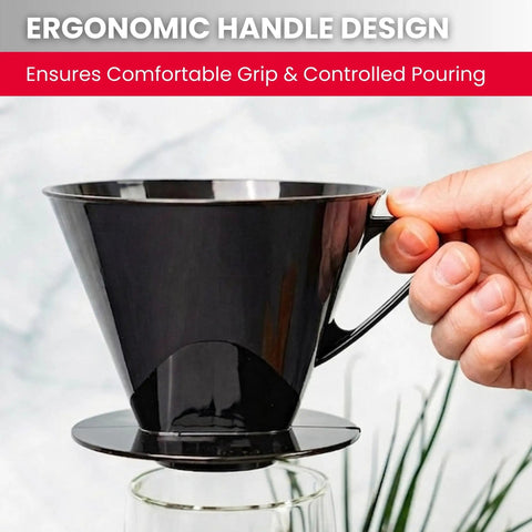 Hand holding black Pour Over Coffee Dripper Size 4 Cone For Manual Brewing Reusable Plastic Filter Cone Up To Four Cups.