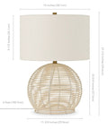 Coastal 21 Inch Rattan Table Lamp With White Linen Drum Shade One Light Ideal For Living Room Bedroom Or Office Includes 6 Ft Cord Bulb Compatible With Incandescent LED CFL, dimensions shown