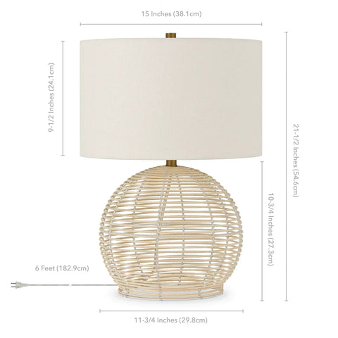 Coastal 21 Inch Rattan Table Lamp With White Linen Drum Shade One Light Ideal For Living Room Bedroom Or Office Includes 6 Ft Cord Bulb Compatible With Incandescent LED CFL, dimensions shown